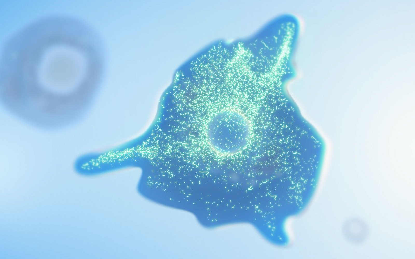 Grafik einer einzelnen Zelle vor hellblauem Hintergrund, im Inneren leuchten tausende kleine grüne Striche, die Mitochondrien